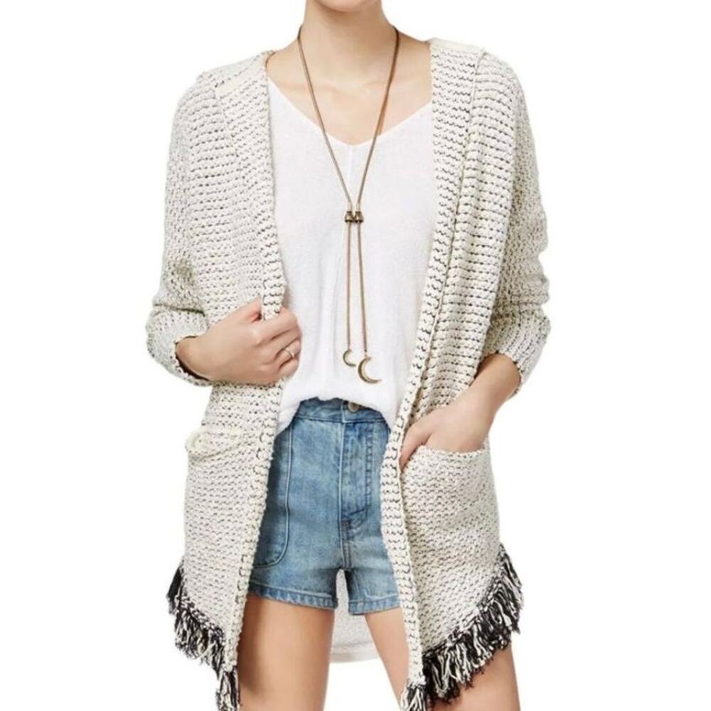 Free People Enchanted Hood Fringe Hem Cotton Blend Knit Cardigan w Pockets